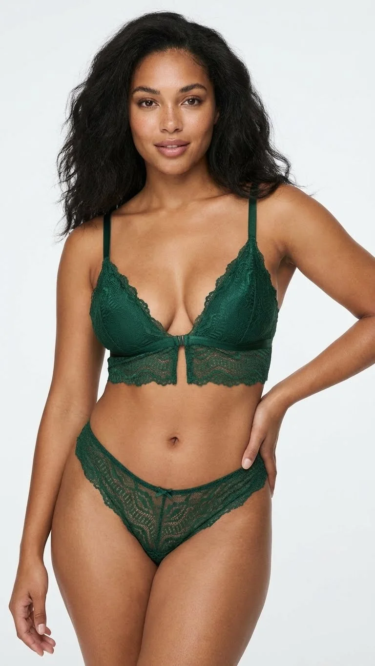 LunaIntim Zümrüt Dantelli Bralet Sütyen Desteksiz (Boş Kap) ve Balensiz Üçgen Model - Yan Görünüm